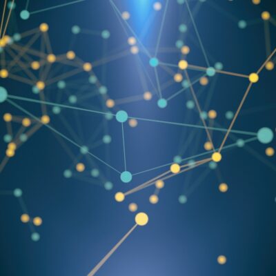 Network connections represented by yellow and light blue dots and lines against a darker blue background.