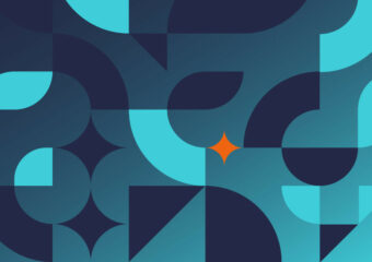 Stylized geometric shapes in dark blue and teal with a orange colored diamond shape just right of the image's center.