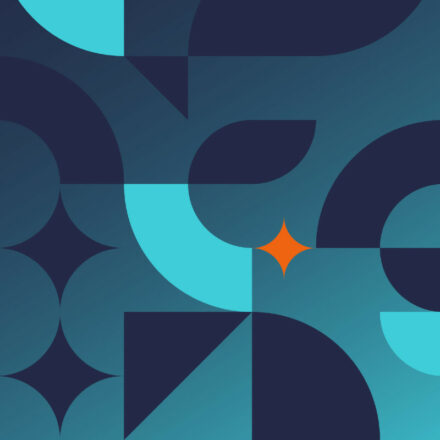 Stylized geometric shapes in dark blue and teal with a orange colored diamond shape just right of the image's center.