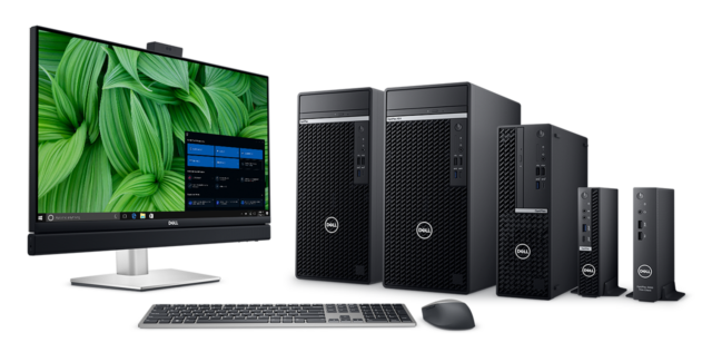 Family portrait of the new Dell OptiPlex systems, in multiple form factors.