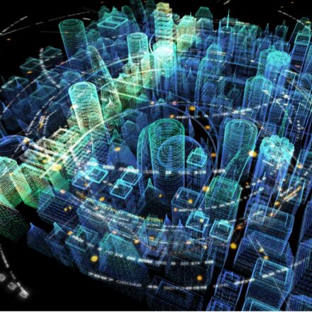 Holographic image of a futuristic city from an aerial view. City is connected via 5G wireless technology.