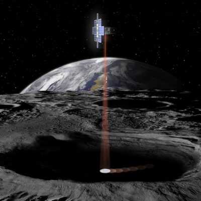 Artist illustration of the Lunar Flashlight’s lasers scanning a shaded lunar crater for the presence of ice.
