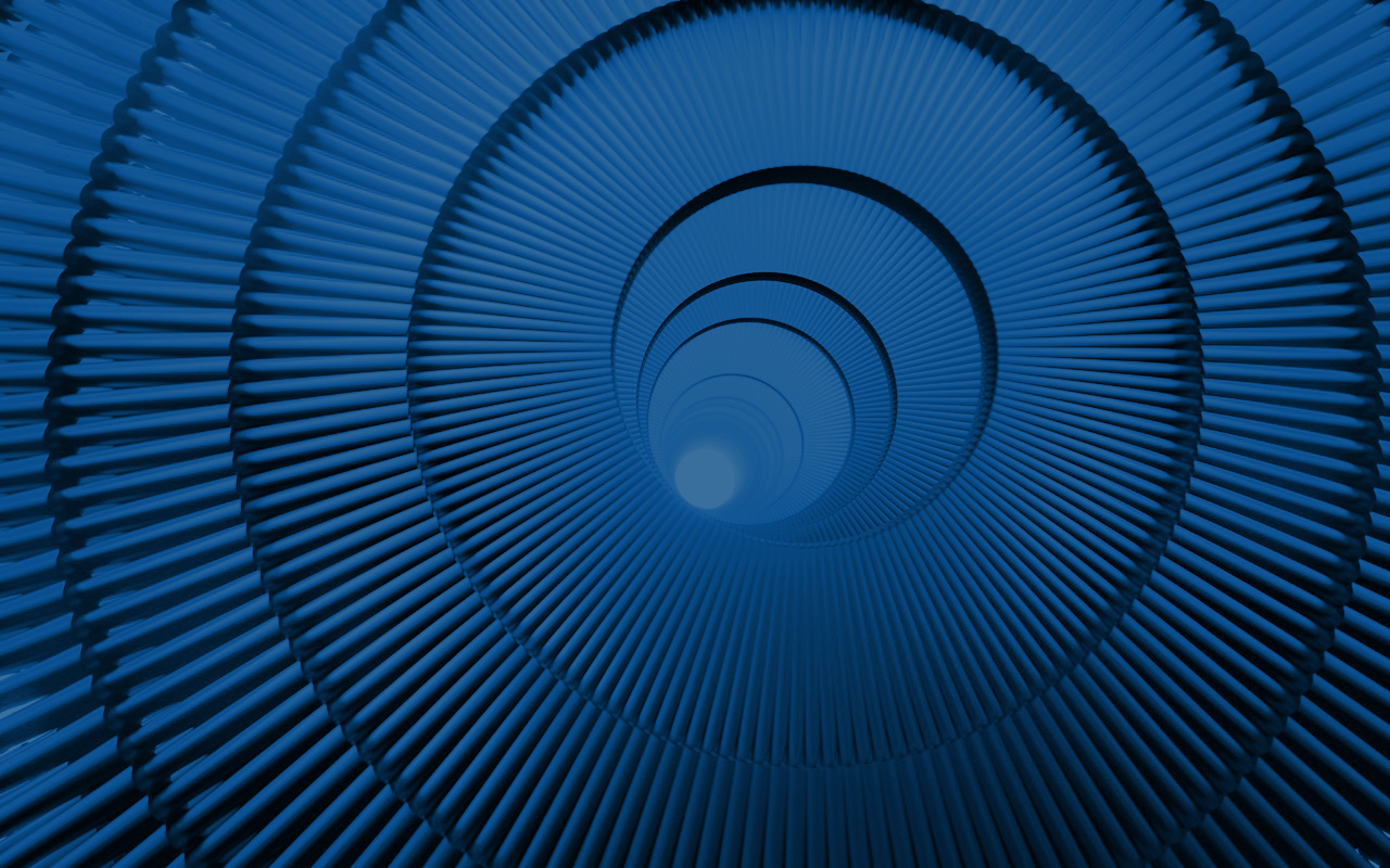 Digital abstract image of a textured tunnel in blue, made of concentric circles.
