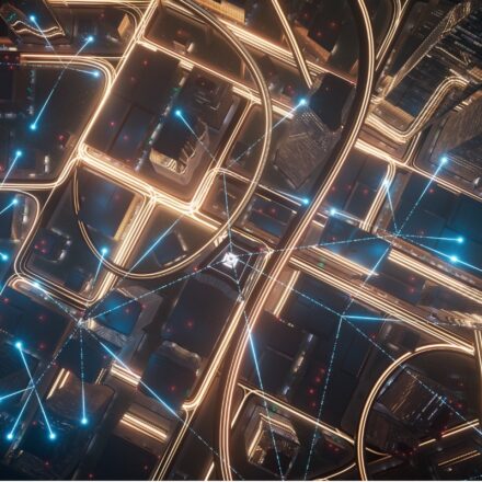 Aerial view of cityscape's buildings and roadways at night, connected by 5G, edge and smart technology.
