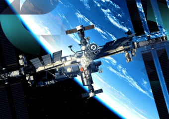 Space station orbiting high above Earth,