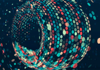 3D digital image of multicolored circular lights in a spherical arrangement against a dark background.