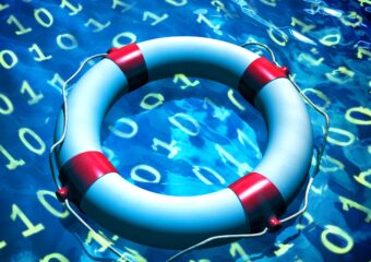 Digital image of a white and red circular life preserver tube on a watery surface that includes data in binary code.
