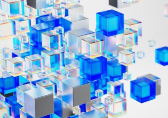 Digital image of silver, gray, white, and blue cubes appearing against a white background.