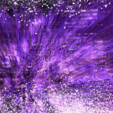 Digitally generated image of a purple cloud, data nodes and connections in white, and binary code appearing faintly.