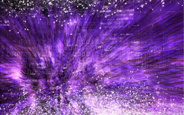 Digitally generated image of a purple cloud, data nodes and connections in white, and binary code appearing faintly.