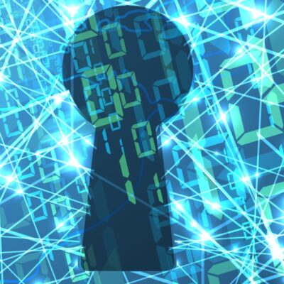 Digital image of a keyhole silhouette over a light blue background that shows series of data connections and binary code in green, representing cybersecurity.