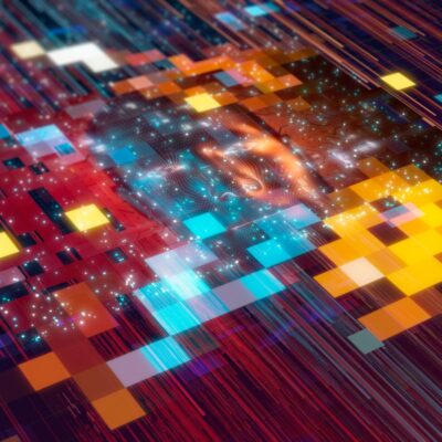 Abstract digital image in reds, yellow, and blue.