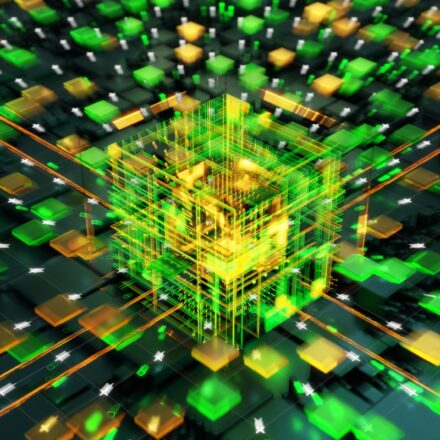 Digital image of futuristic computer network using artificial intelligence, with a yellow and green cube-shaped core structure at the center.