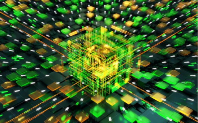 Digital image of futuristic computer network using artificial intelligence, with a yellow and green cube-shaped core structure at the center.