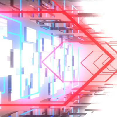 A tunnel in white and gray higlighted with neon blues and reds.