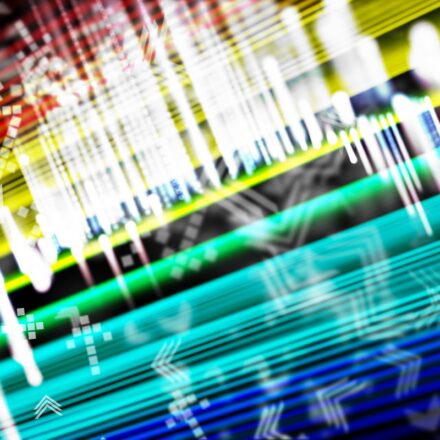 Abstract internet connection and cybersecurity image, red, yellow, green, teal, and blue horizontal lines with white vertical rays overlaid.