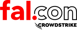 Crowdstrike's fal.con event logo in red, black and white colors. 
