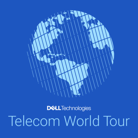 Digital graphic of Earth, showing the Americas, Atlantic Ocean, western Africa and western Europe against a blue background with Dell Technologies logo and Telecom World Tour below it.