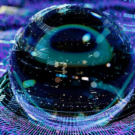 Digitally generated image of a sphere reflecting images off its surface with a purple and blue binary background underneath it.