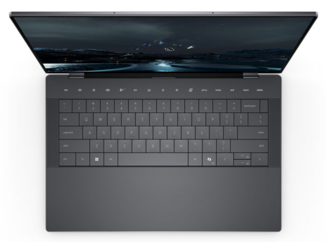 Overhead view of the XPS 14 in graphite color. 