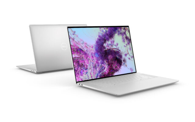 Dell XPS 16 9640 laptops back to back, image taken at angle against a white background.