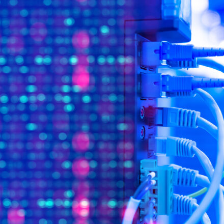 Network equipment. Wires connect equipment. Network hardware. Equipment for system administrator. Structured cabling systems. Network switch close up. Data storage and transmission. Server router