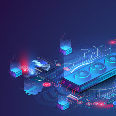 Crypto Mining concept. Creation, mining of Bitcoins. A data center, mainframe, or running futuristic graphics card on a blue background.