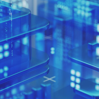 Big data, cybersecurity, technology concept. Blue abstract background made with abstract transparent 3D geometric shapes.