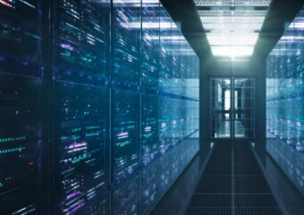 Futuristic server room with light.