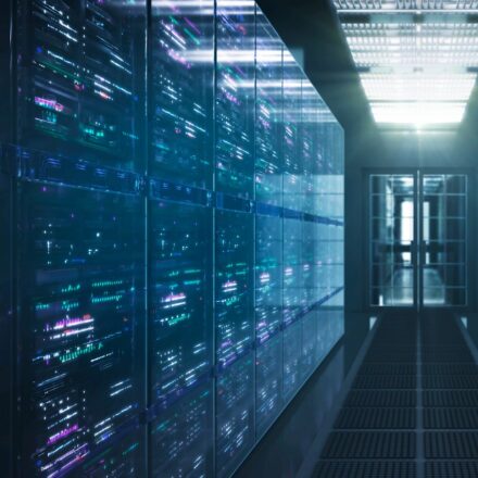 Futuristic server room with light.