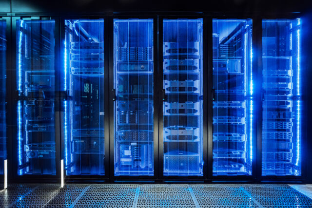 data center in server room with server racks
